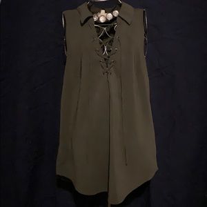 Olive front lace up sleeveless top